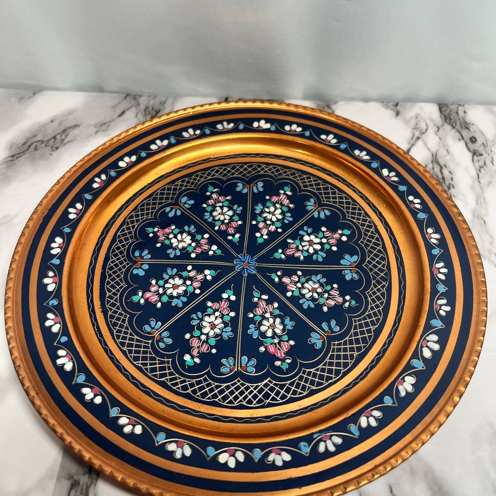 Elegant Blue Enameled Copper Decorative Wall Plate Stunning Colors Vintage